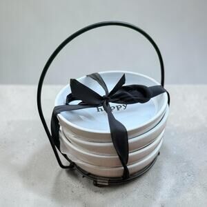 Set of 4 White Ceramic Appetizer Plates With Black Stand Happy Yum Tasty Enjoy